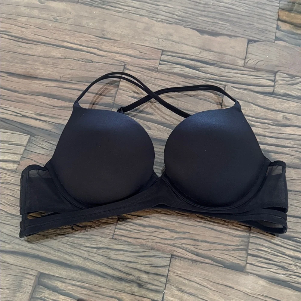 Victoria's Secret Very Sexy Black Satin Caged Mesh Double-Strap Push up Bra 36B